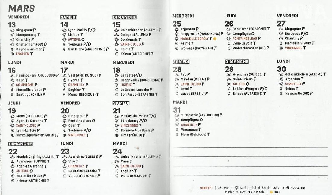 Calendrier PMU Mars 2020 - Le Fer à Cheval | Le Fer à Cheval